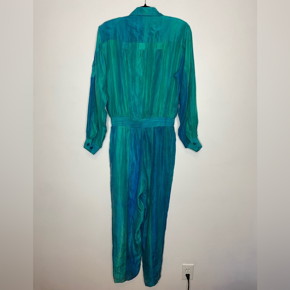 Vintage 90s Silk Watercolor Button Front Jumpsuit Coastal Boho Teal Blue - Picture 7 of 10